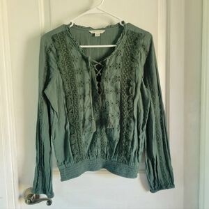 American Eagle | Army Green Embroidered Flower Detail Longsleeve Blouse | Small